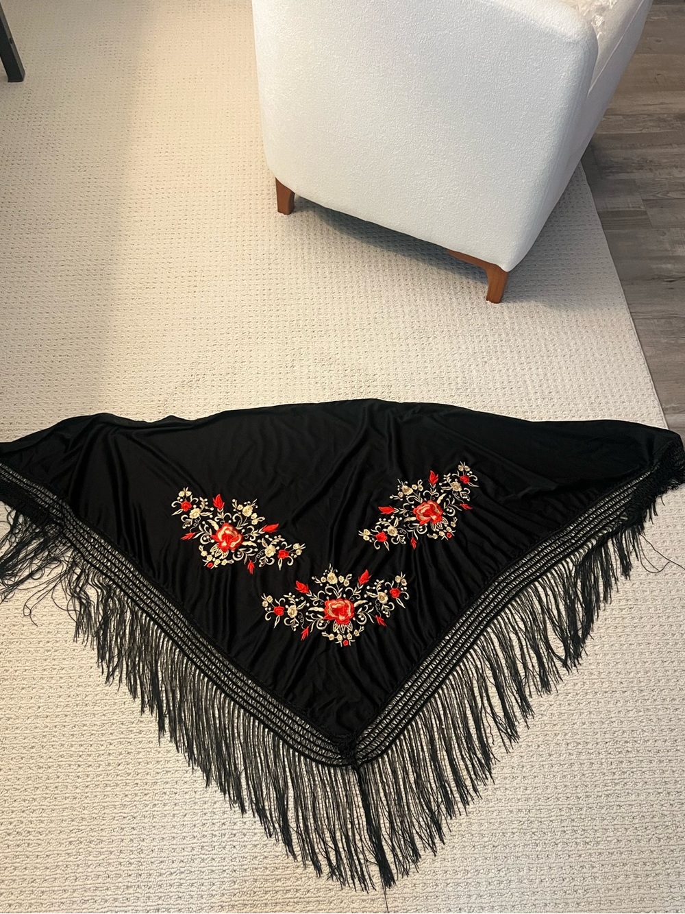 Black Floral Embroidered Fringe Shawl